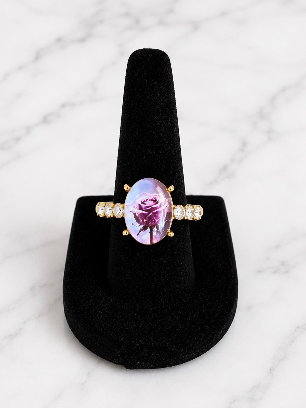 New-Gold Tone Fashion Ring with Purple Rose Cabochon Size 5.5